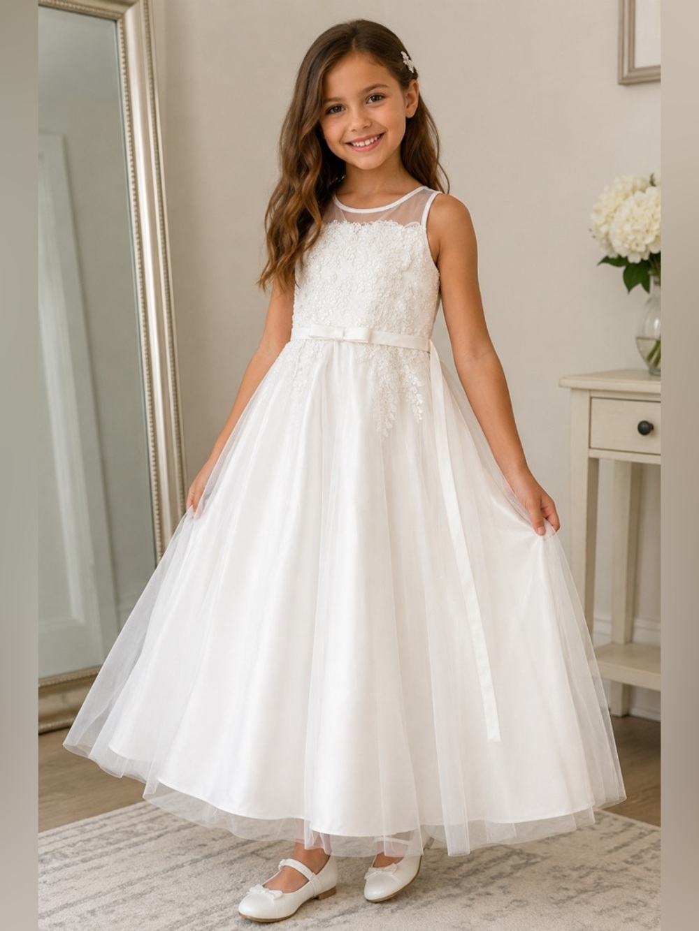 Badgley Mischka White Girls' Lace Bodice Tulle Dress